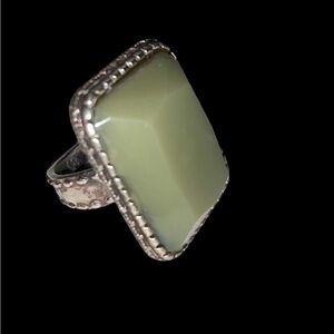 Antiqued Jade & Silver Ornamental Statement Ring size 8/8.5” Victorian Style
